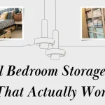 Clever small bedroom ideas collage showcasing vertical wall shelves, rolling under-bed boxes, organized closets, and bed risers beneath a title text.