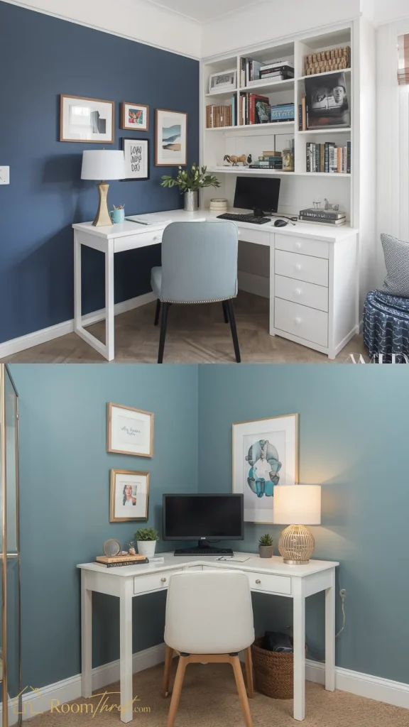 Smart small bedroom ideas utilizing white L-shaped corner desks to create an integrated home office setup against colorful accent walls.