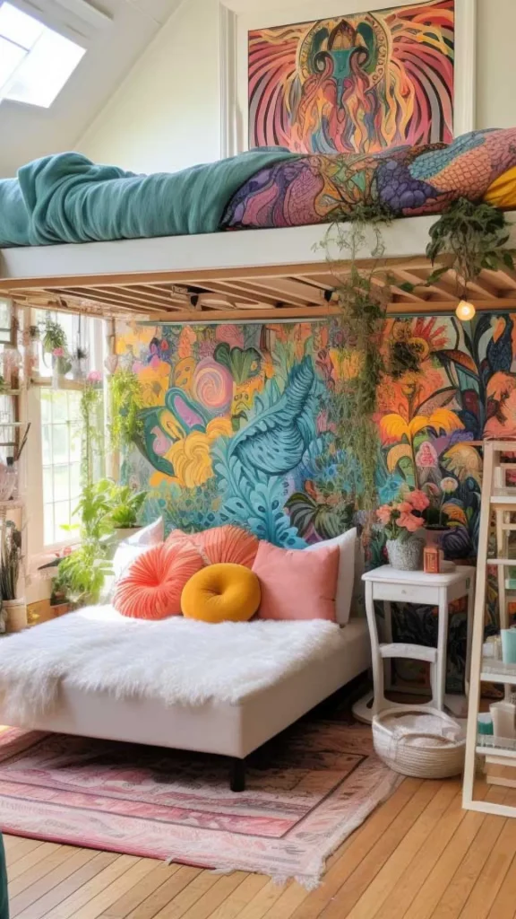 Artistic small bedroom ideas featuring a wooden loft bed built over a colorful, maximalist jungle-themed mural and floor seating area.