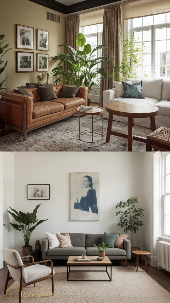 Cozy small bedroom ideas incorporating integrated living areas with compact sofas, layered coffee tables, and vibrant potted plants.