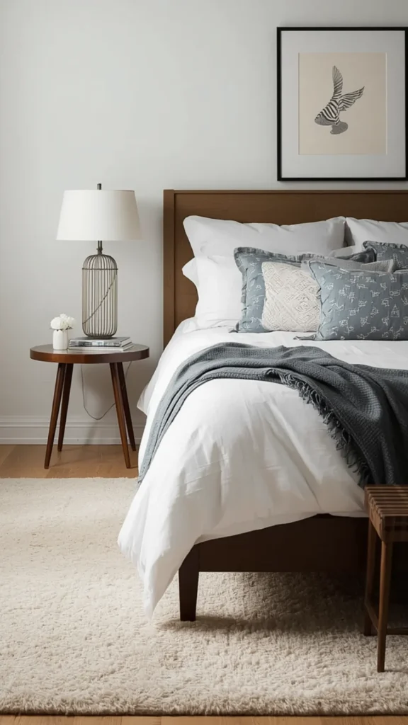 Cozy small bedroom ideas featuring a plush cream area rug under a wooden bed frame styled with neutral and slate blue linens.