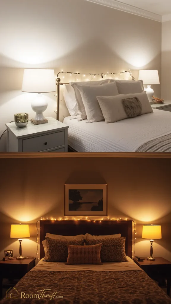 Affordable small bedroom ideas incorporating delicate fairy string lights along the headboard for budget-friendly ambient lighting.