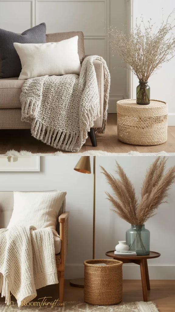 Cozy small bedroom ideas focusing on texture with chunky knit throw blankets, woven wicker ottomans, and decorative pampas grass.