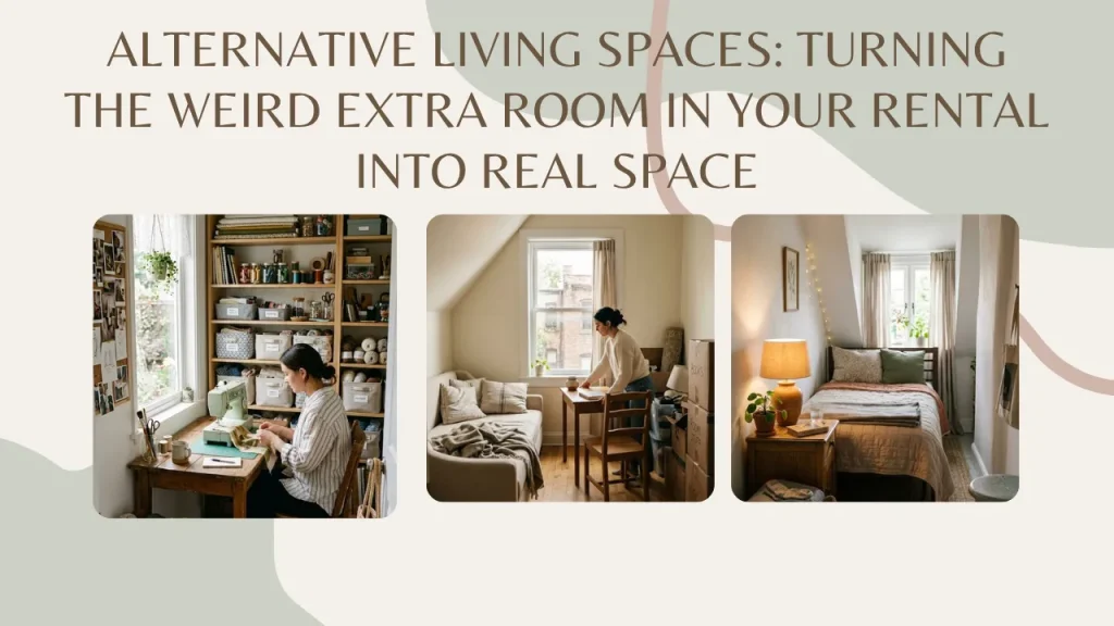 A blog title banner graphic with abstract pastel shapes and three image windows showing design solutions for alternative living spaces, with center text reading "ALTERNATIVE LIVING SPACES: TURNING THE WEIRD EXTRA ROOM IN YOUR RENTAL INTO REAL SPACE".