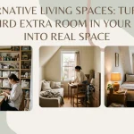 A blog title banner graphic with abstract pastel shapes and three image windows showing design solutions for alternative living spaces, with center text reading "ALTERNATIVE LIVING SPACES: TURNING THE WEIRD EXTRA ROOM IN YOUR RENTAL INTO REAL SPACE".