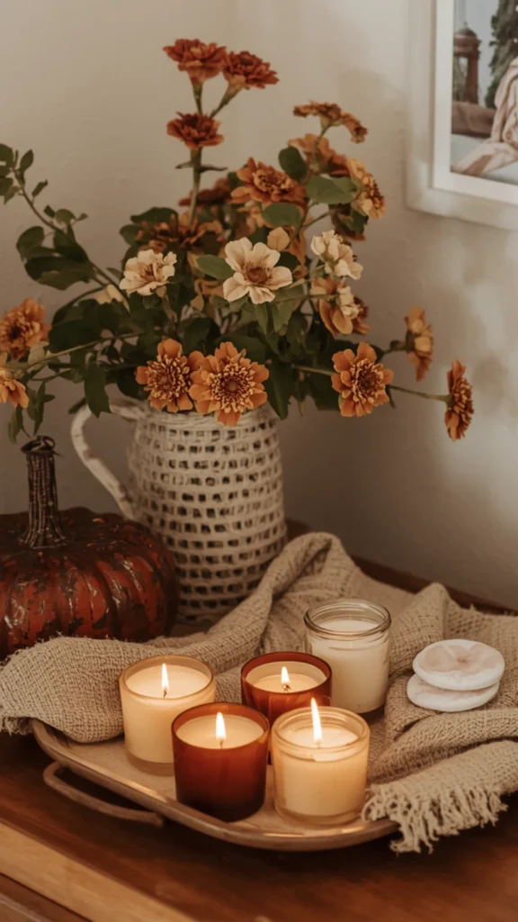 Fragrant small bedroom ideas displaying a cozy tray arrangement of multiple burning scented candles, fall flowers, and a decorative pumpkin.