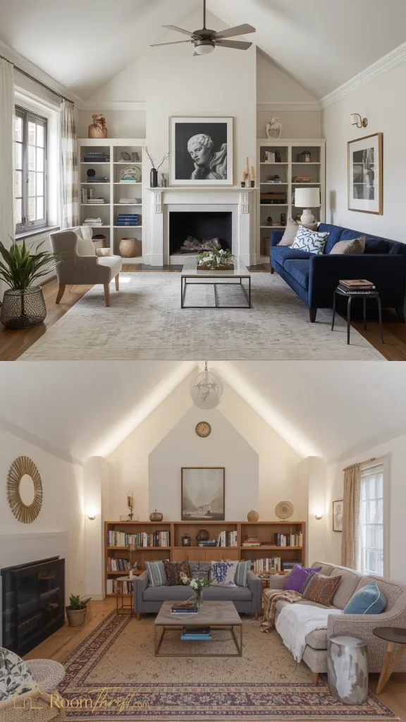 Clever small bedroom ideas utilizing low-profile seating, horizontal lines, and cozy lighting to make rooms with high vaulted ceilings feel intimate.