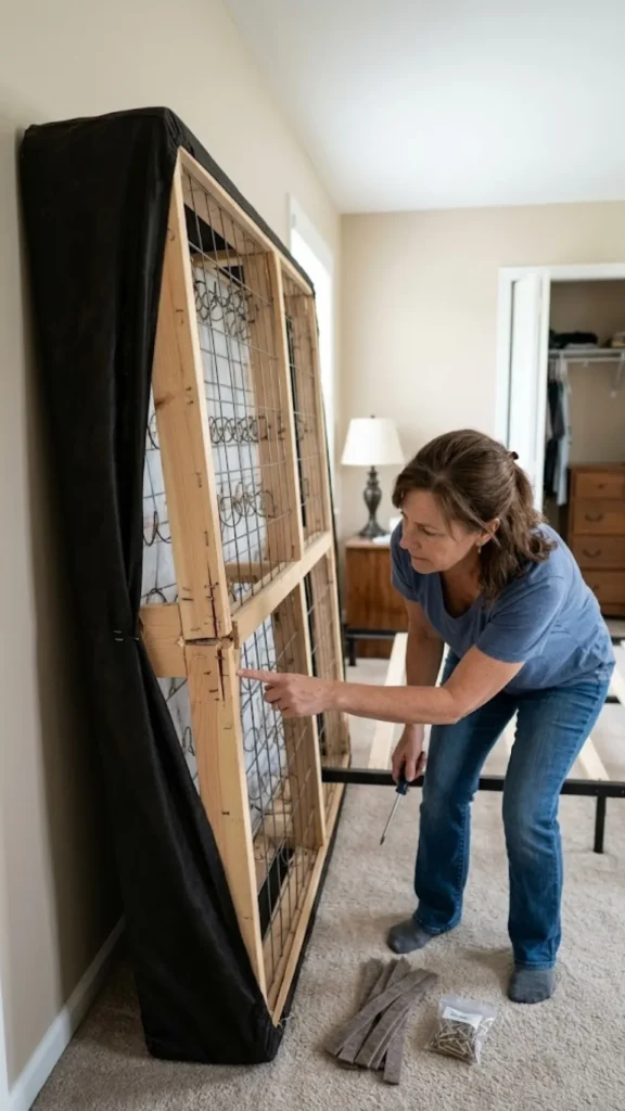 A woman inspecting a wooden box spring stood upright against a bedroom wall, pointing her finger at a cracked joint in the wooden frame while holding a screwdriver.
