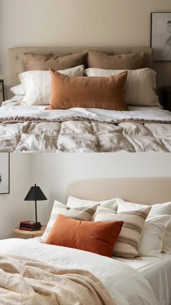 Neutral small bedroom ideas highlighting cozy linen bedding sets in earthy tones that appeal to shared design preferences.