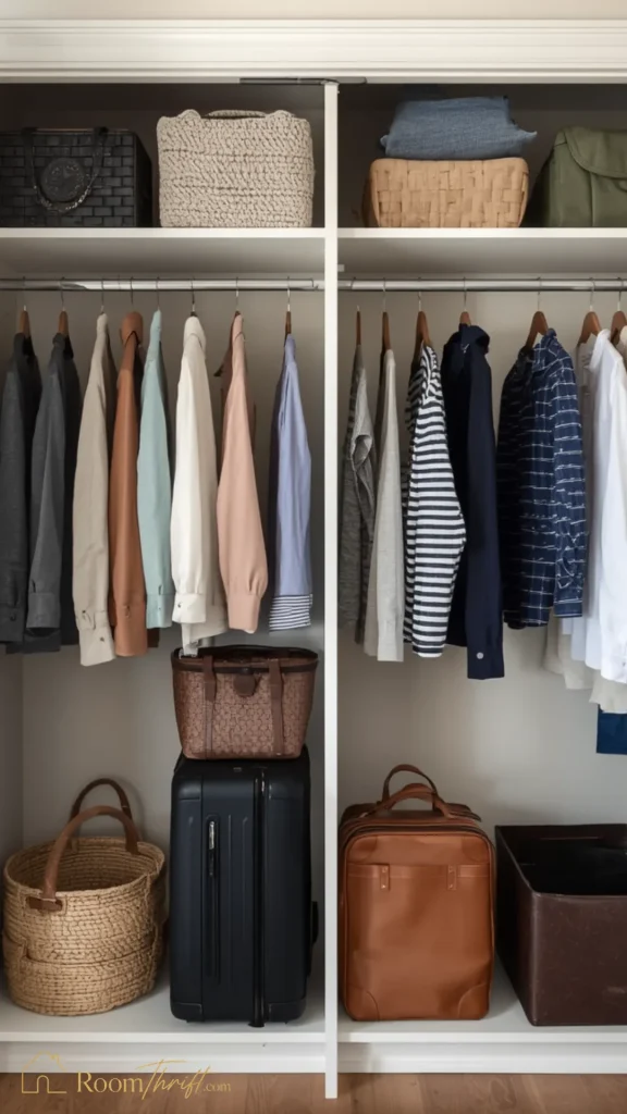 Smart small bedroom ideas displaying a perfectly organized built-in closet with color-coded hanging clothes, suitcases, and woven storage baskets.