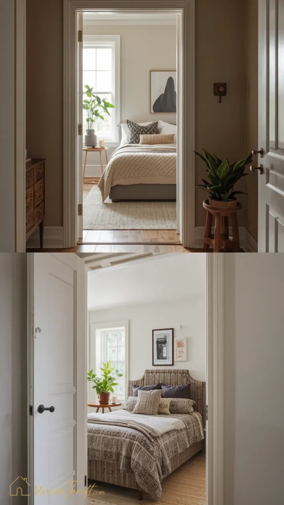 Inviting small bedroom ideas focusing on the visual perspective from an open doorway to create an immediate sense of coziness.