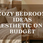 Affordable small bedroom ideas collage featuring texture-heavy beige linen bedding, a rustic oak bed frame, and warm ambient lighting with a text overlay.