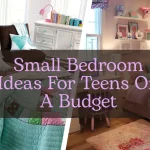 Vibrant small bedroom ideas collage featuring colorful teen bedroom designs with a central text overlay for budget decoration.