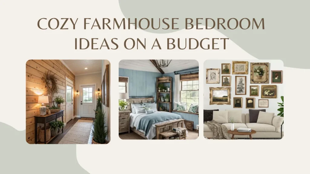 Affordable small bedroom ideas collage showcasing a wood-paneled hallway entryway, a light blue shiplap bedroom, and a vintage gallery wall above a couch.