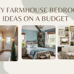 Affordable small bedroom ideas collage showcasing a wood-paneled hallway entryway, a light blue shiplap bedroom, and a vintage gallery wall above a couch.