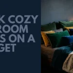 Moody small bedroom ideas collage featuring rich jewel-toned velvet pillows and a plush faux fur blanket with a bold budget design text overlay.
