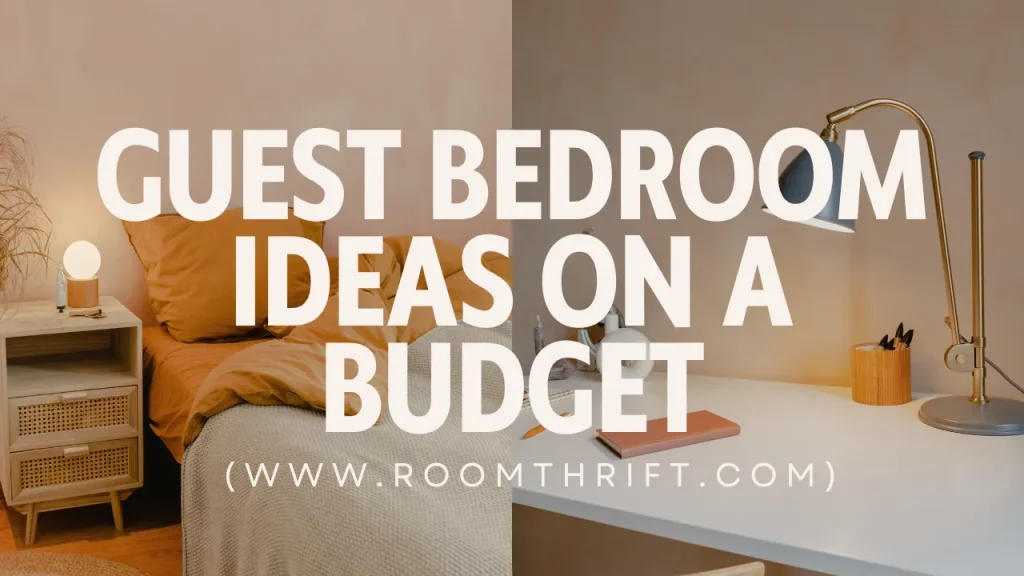 Cozy small bedroom ideas banner showcasing warm ochre bedding, a rattan-accented nightstand, and a minimalist study desk with a brass lamp under a budget decor title overlay.