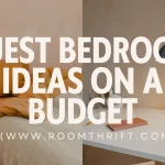 Cozy small bedroom ideas banner showcasing warm ochre bedding, a rattan-accented nightstand, and a minimalist study desk with a brass lamp under a budget decor title overlay.