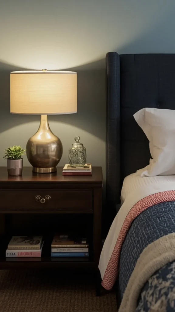 Cozy small bedroom ideas featuring a dark grey tufted headboard, dark wood nightstand, and a glowing brass table lamp.