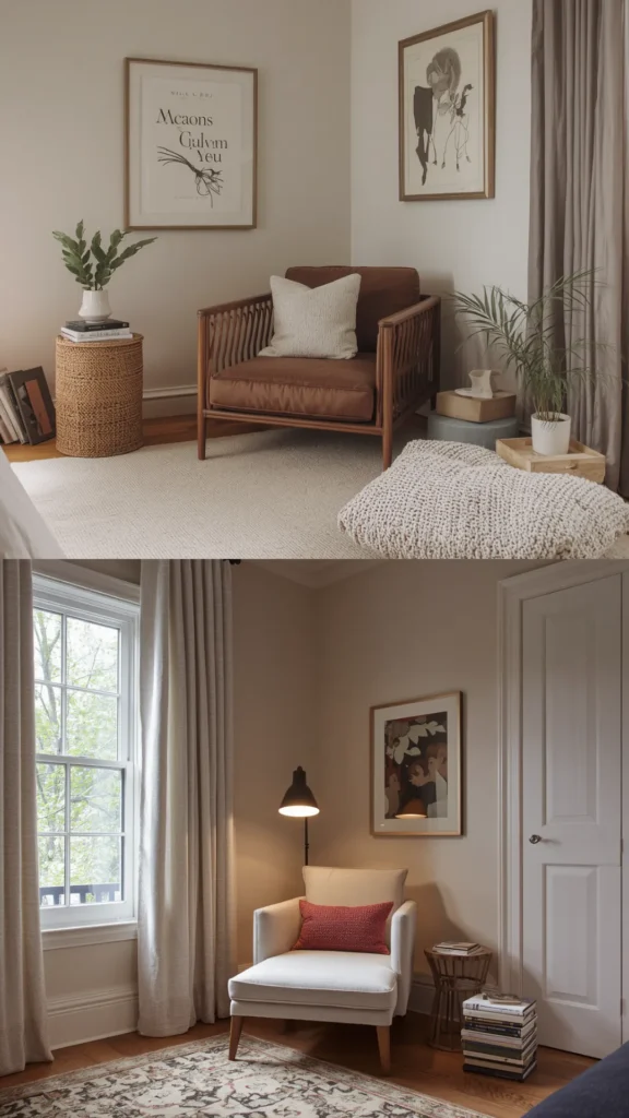 Creative small bedroom ideas featuring comfortable reading nooks with accent armchairs, soft lighting, and small side tables.