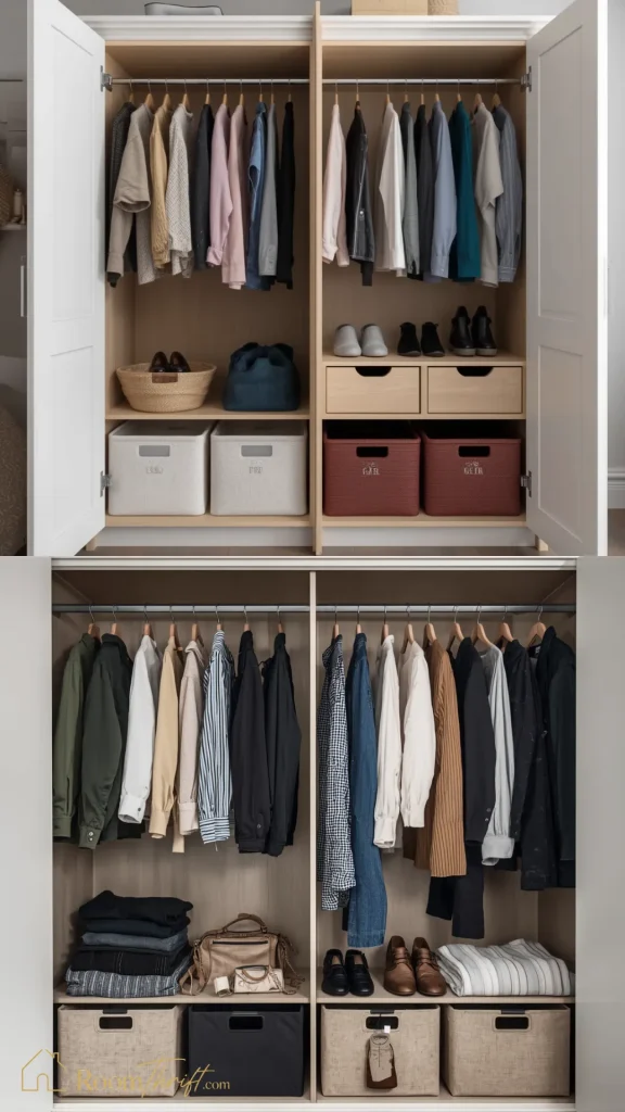 Space-saving small bedroom ideas displaying highly organized dual wardrobes with dedicated hanging rods and labeled storage bins.