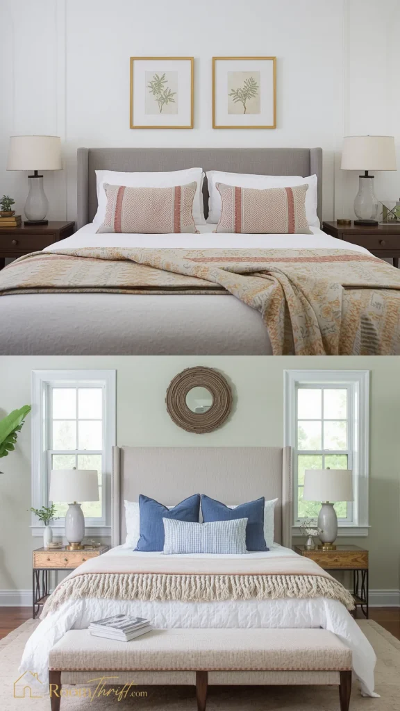 Practical small bedroom ideas showing balanced layouts with matching bedside tables and individual task lighting on both sides of the bed.