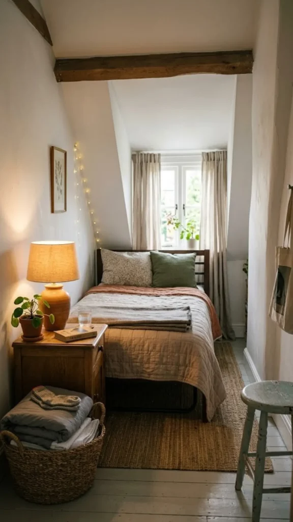 A small attic nook converted into a cozy guest bedroom with warm lighting, a twin bed, and rustic wooden beams, presenting a creative layout for alternative living spaces.