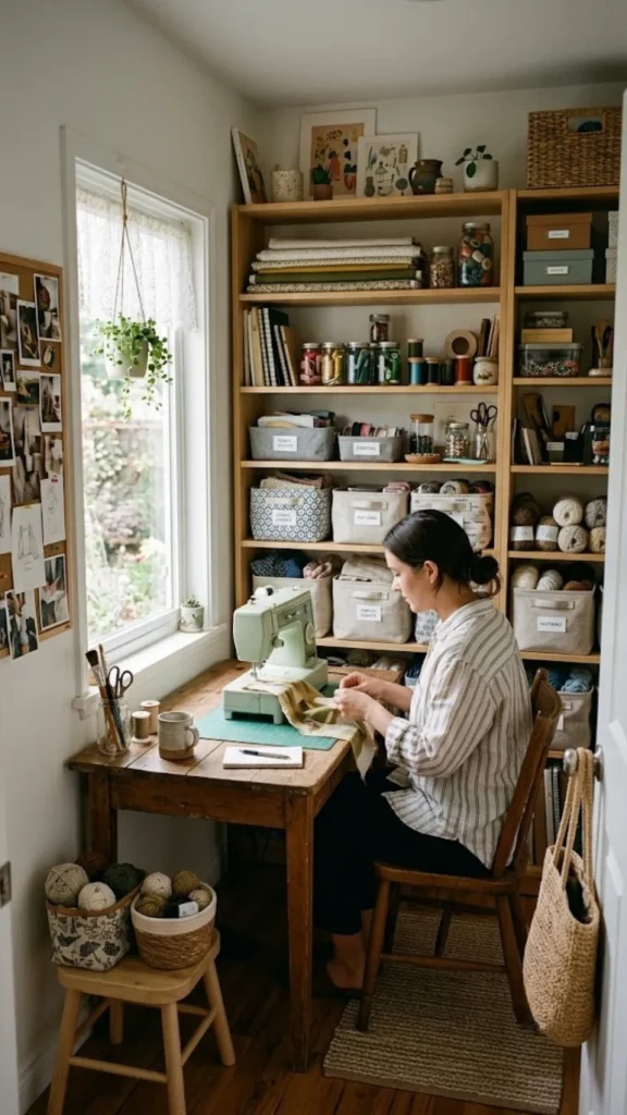 A functional craft room with floor-to-ceiling organization shelves and a woman at a sewing station, demonstrating how to design dedicated alternative living spaces.