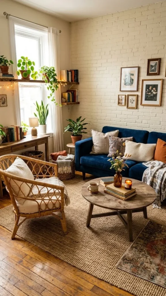 A cozy, brick-wall living room layout demonstrating how to mix and match living room furniture by combining a deep navy blue velvet sofa, a round wooden coffee table, and a rattan armchair.