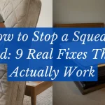 A website banner image with a prominent blue text overlay that reads "How to Stop a Squeaky Bed: 9 Real Fixes That Actually Work". The background features a split screen showing a woman lifting a mattress from a wooden frame on the left, and a man inspecting a mattress on a bed frame on the right.