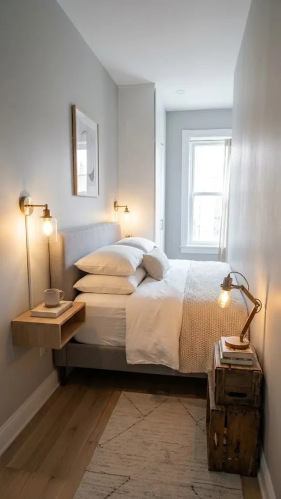 A very narrow bedroom with floating nightstands and wall sconces, showing how restrictive the space feels if your room size for king bed setup is limited.