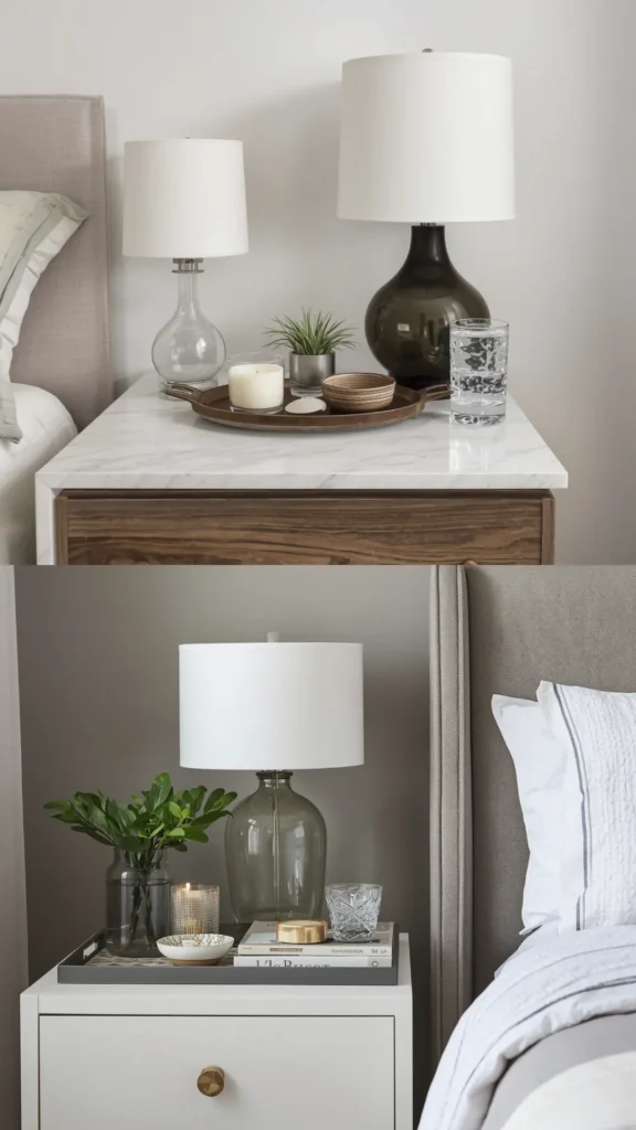 Organized small bedroom ideas showing minimalist bedside tables neatly arranged with glass lamps, candles, and trays.