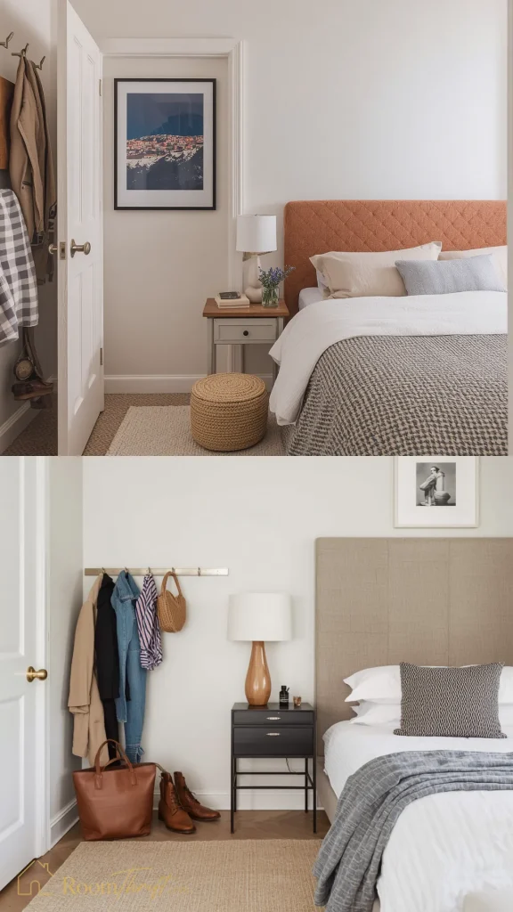 A split vertical image highlighting vertical storage to prevent floor clutter. The top panel shows a small woven floor pouf tucked next to a grey nightstand, with jackets neatly hung on a wall rack behind the open bedroom door. The bottom panel displays a black minimalist nightstand next to a modern silver wall rail holding jackets, shirts, and a small woven bag, keeping shoes and a leather tote neatly lined up underneath but off the main walking path.