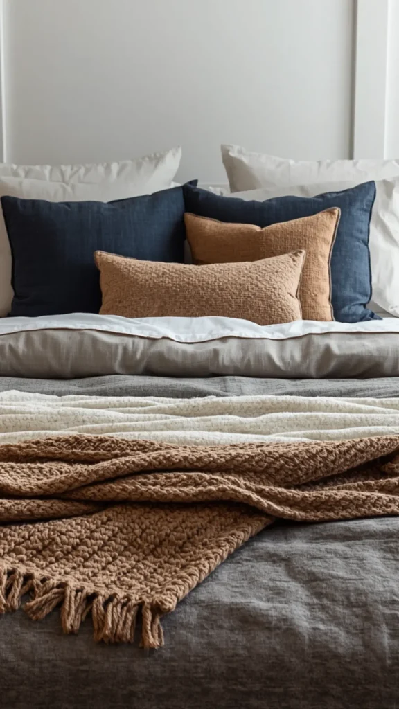 Texture-rich small bedroom ideas highlighting a beautifully layered bed with linen sheets, navy pillows, and a chunky knit brown throw.