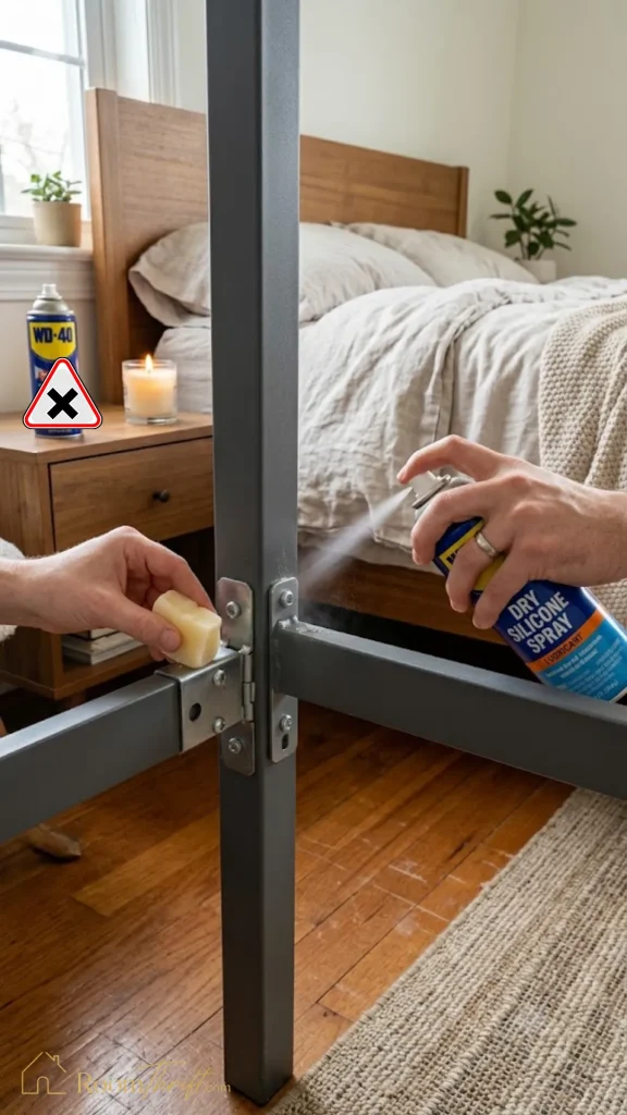 A close-up of hands applying lubrication to a metal bed frame joint, with one hand spraying Dry Silicone Spray onto a bracket and the other rubbing a bar of wax or soap onto a metal contact point to prevent squeaking.