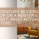 A blog title graphic featuring a styled living room with mid century modern home decor, displaying a yellow armchair, geometric curtains, and text that reads "MID-CENTURY MODERN DECOR ON A RENTER'S BUDGET: WHAT ACTUALLY MATTERS".