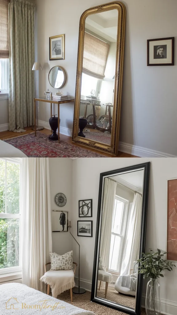 Bright small bedroom ideas showing oversized floor-length leaning mirrors used to bounce natural light and create an illusion of depth.