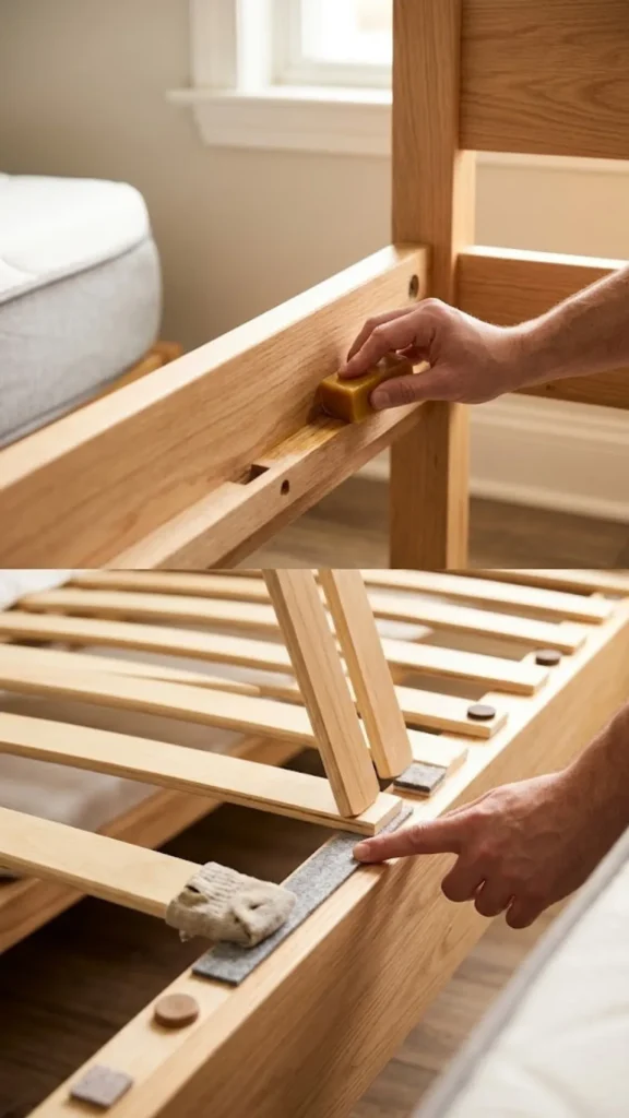 A two-panel image showing methods to stop friction in wooden beds: the top panel shows a hand rubbing a wax bar along a wooden side rail runner, and the bottom panel highlights gray felt padding strips placed under wooden bed slats to cushion wood-on-wood contact points.