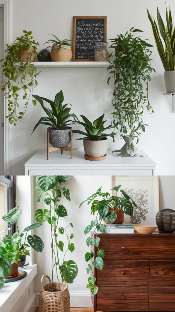 Refreshing small bedroom ideas incorporating lush green indoor plants displayed on shelving units and wooden dressers.