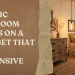 Horizontal blog header banner with a torn paper text overlay reading "Rustic Bedroom Ideas On A Budget That Feel Expensive" next to a warmly lit farmhouse bedroom interior.