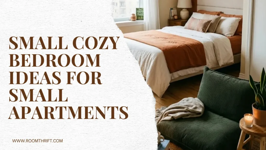 Cozy small bedroom ideas banner for small apartments featuring a terracotta-accented bed and a separate lounging zone with a green corduroy chair.