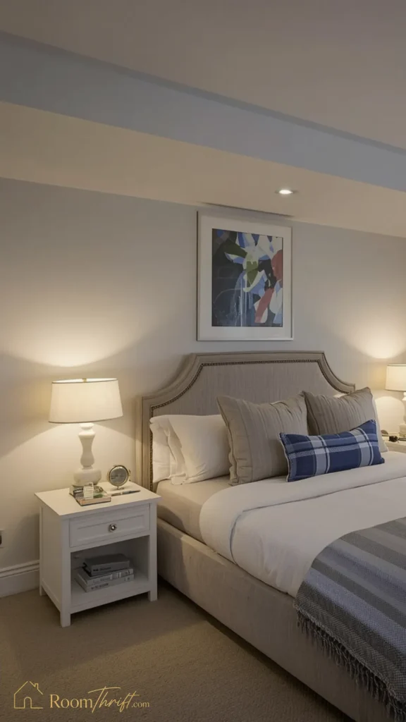 Classic small bedroom ideas showcasing space-saving wall hooks for hanging winter coats and bags next to traditional wood-frame beds.