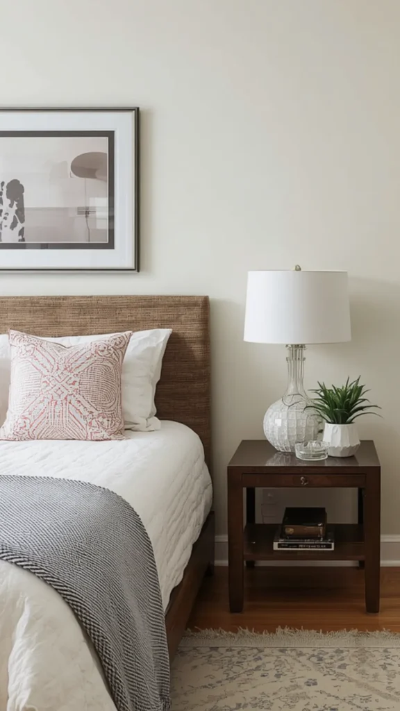 Small bedroom ideas featuring a dark wood nightstand, a white textured table lamp, and a brown woven headboard.