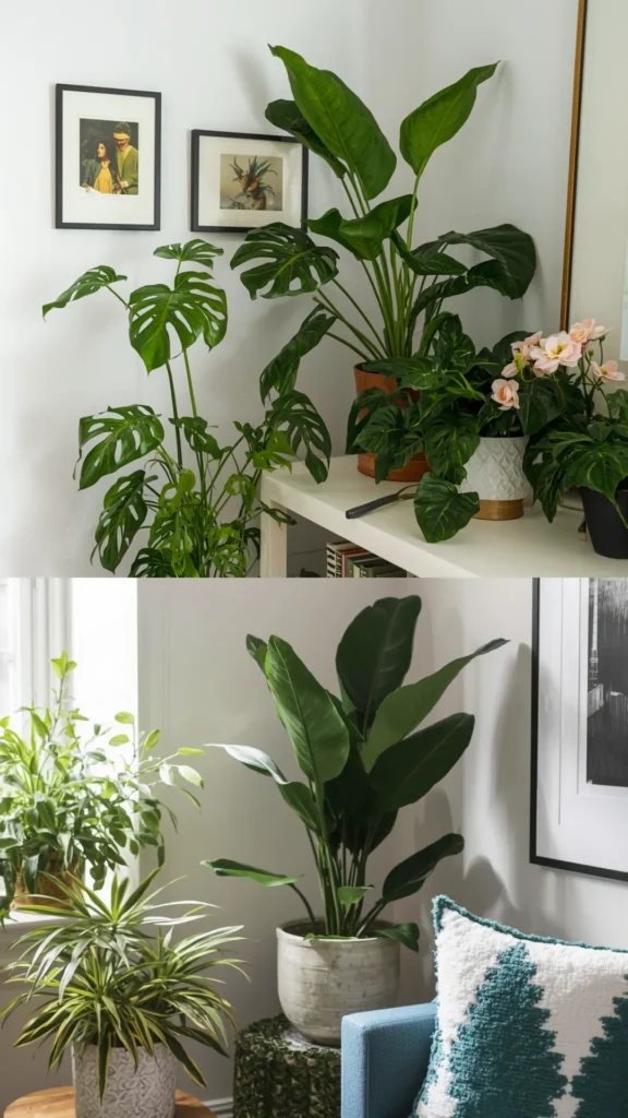 Small bedroom ideas incorporating vibrant houseplants like monstera and bird of paradise to liven up tight corners.