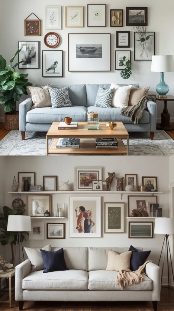 Small bedroom ideas or studio living concepts showcasing tight living spaces with dense gallery walls above comfortable sofas.