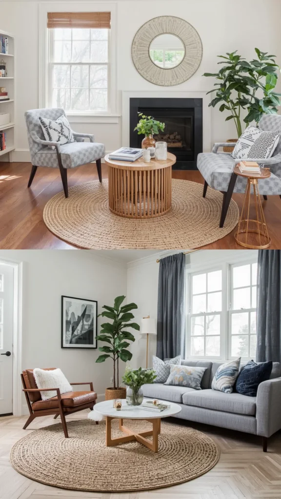 Small bedroom ideas showing compact seating arrangements utilizing round jute rugs and circular wooden coffee tables
