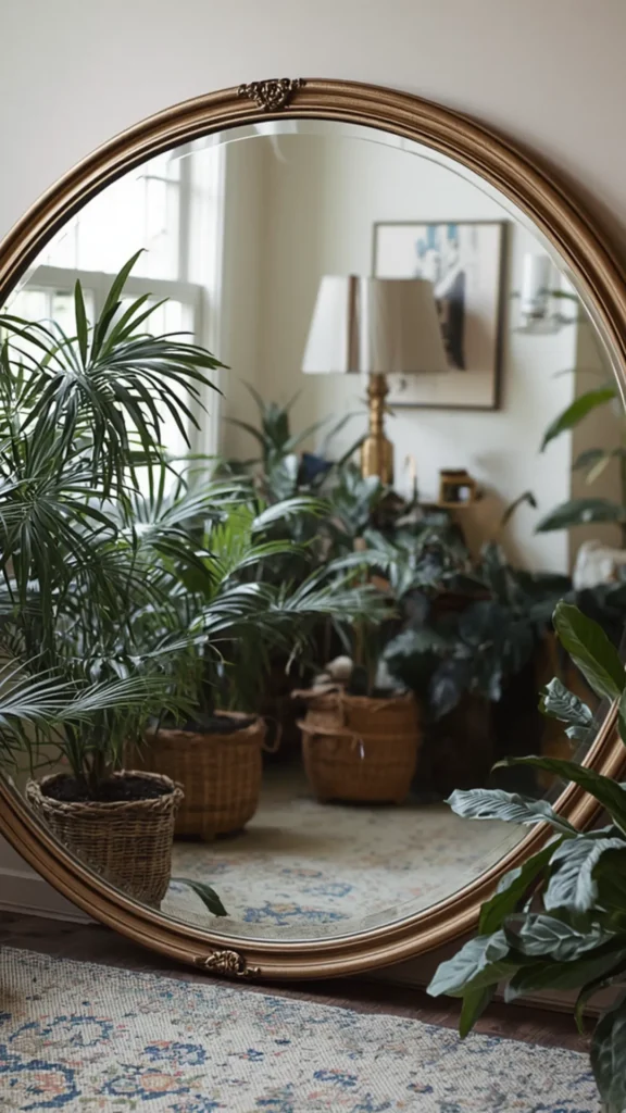 Small bedroom ideas using a large round gold mirror to reflect indoor plants and create a sense of space.