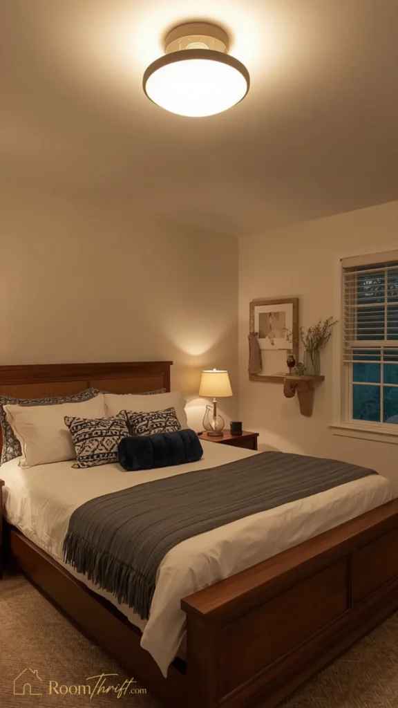 Warm small bedroom ideas emphasizing ambient lighting with a glowing flush-mount ceiling fixture and a matching bedside lamp.