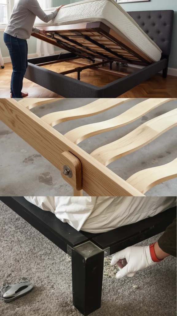 A three-part collage showing a person lifting a mattress on a hydraulic storage bed frame, a close-up of a crescent-shaped wooden bed frame joint secured with a washer and bolt, and a gloved hand checking a black metal bed frame corner on a carpeted floor.
