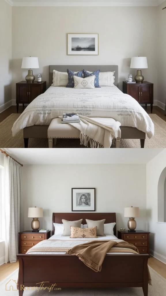 Elegant small bedroom ideas utilizing perfect symmetrical furniture placements to create an organized and spacious feel.